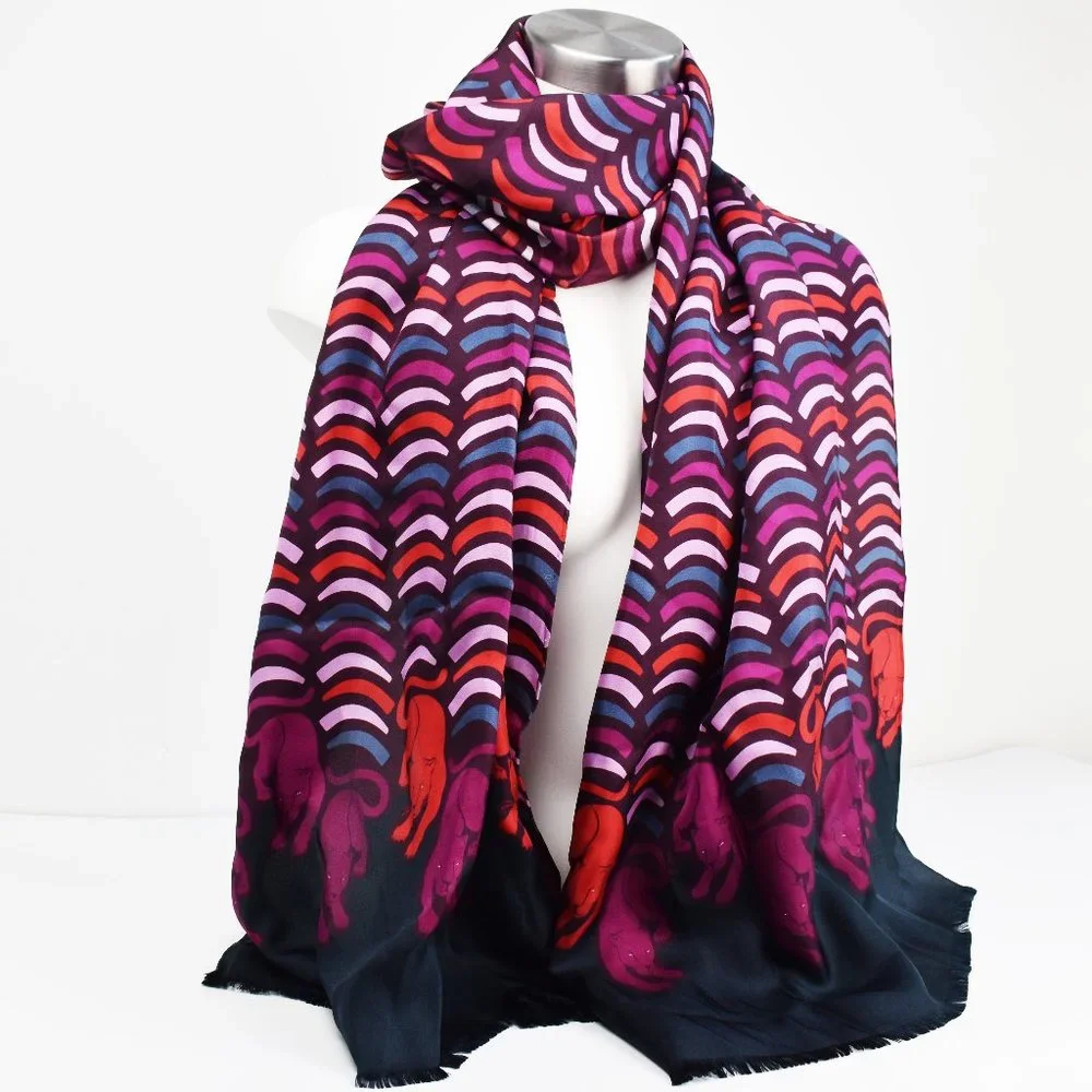 Large long colorful Kate Spade silk scarf, fuchsia panther classy silk scarf